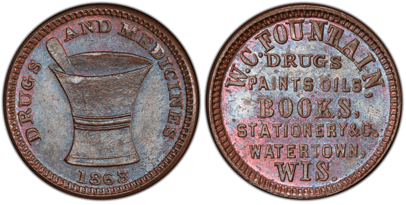 (1863) Copper Civil War Store Card F-920G-1a, W.C. Fountain WI