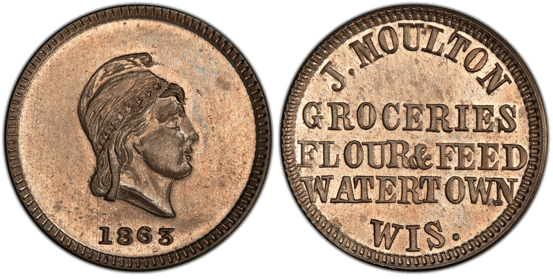 (1863) Copper-Nickel Civil War Store Card F-920K-1d, J. Moulton WI