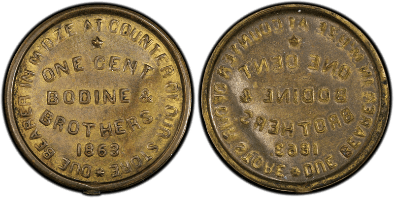 (1863) Brass Civil War Store Card F-925A-1b, Bodine & Brothers NJ