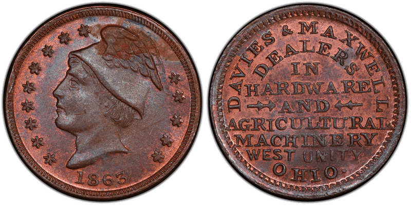 (1863) Copper Civil War Store Card F-930A-1a, Davis & Maxwell OH
