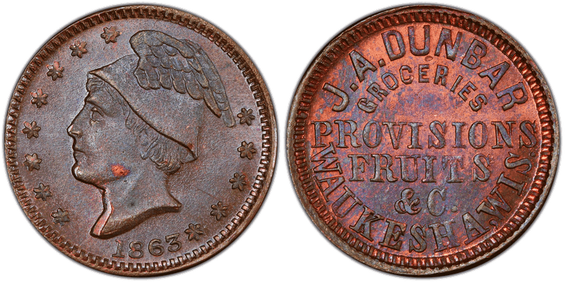 (1863) Copper Civil War Store Card F-930B-1a, J.A. Dunbar WI