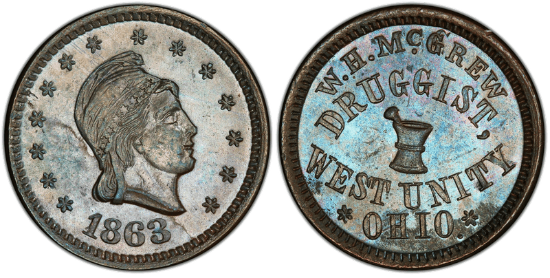 (1863) Copper Civil War Store Card F-930B-1a, W.H. McGrew OH