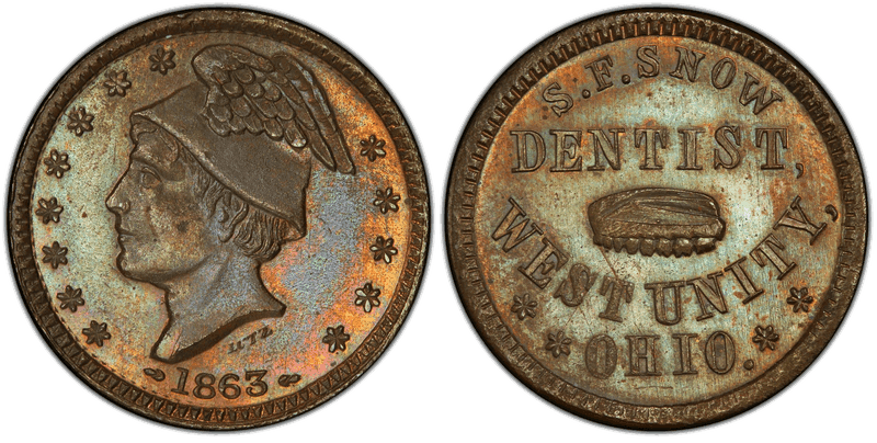 (1863) Copper Civil War Store Card F-930D-3a, S.F. Snow OH