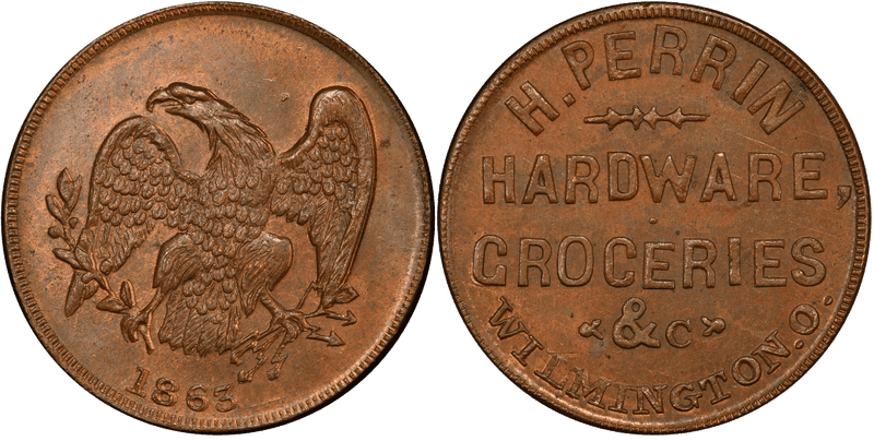 (1863) Copper Civil War Store Card F-935B-1a, H. Perrin OH