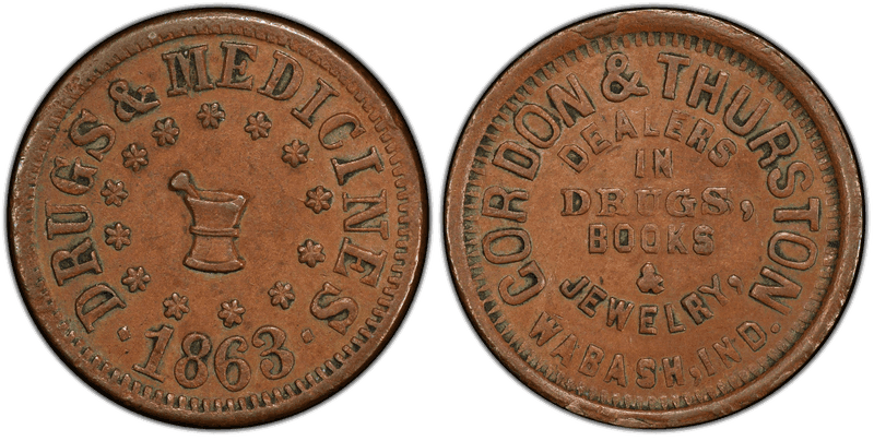 (1863) Copper Civil War Store Card F-940A-1a, Gordon & Thurston IN