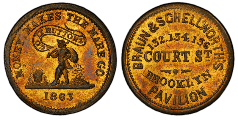(1863) Brass Civil War Store Card F-95A-1b, Braun & Schellworth's NY