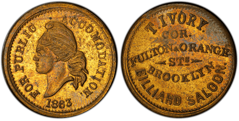 (1863) Brass Civil War Store Card F-95D-1b, T. Ivory NY