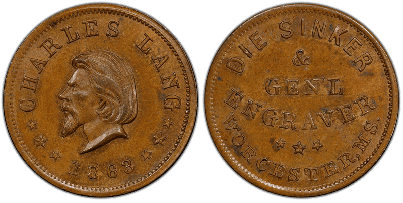 (1863) Copper Civil War Store Card F-970A-1a, Charles Lang MA