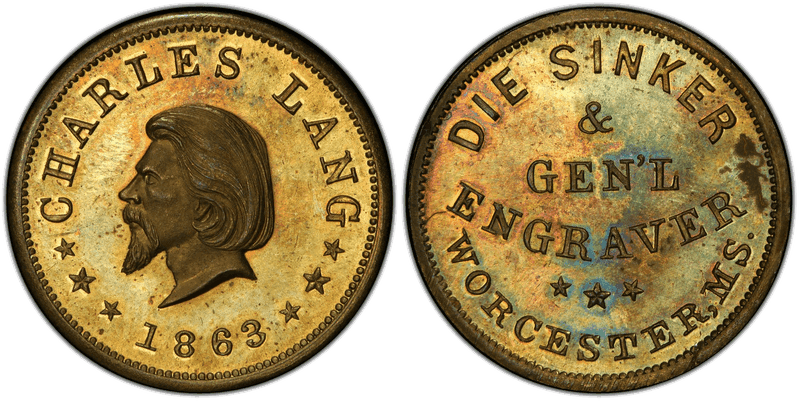 (1863) Brass Civil War Store Card F-970A-1b, Charles Lang MA