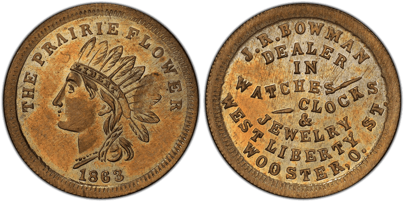 (1863) Copper-Nickel Civil War Store Card F-975B-7d, J.R. Bowman OH
