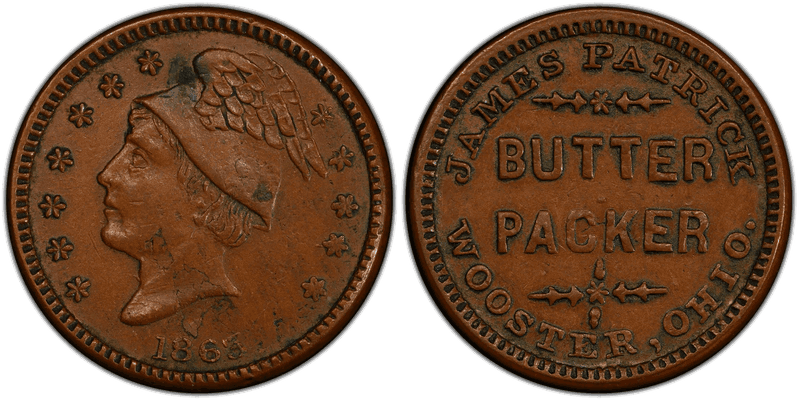 (1863) Copper Civil War Store Card F-975K-1a, James Patrick OH