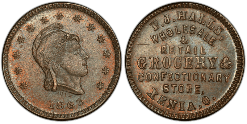 (1863) Copper Civil War Store Card F-985A-1a, F.J. Halls OH