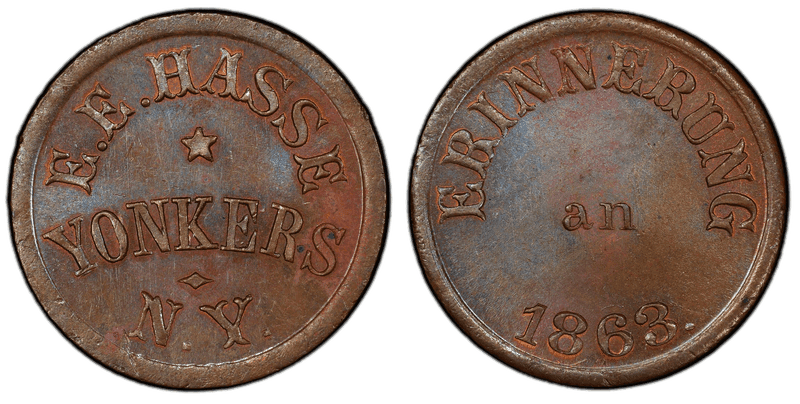 (1863) Copper Civil War Store Card F-995A-2a, E.E. Hasse NY