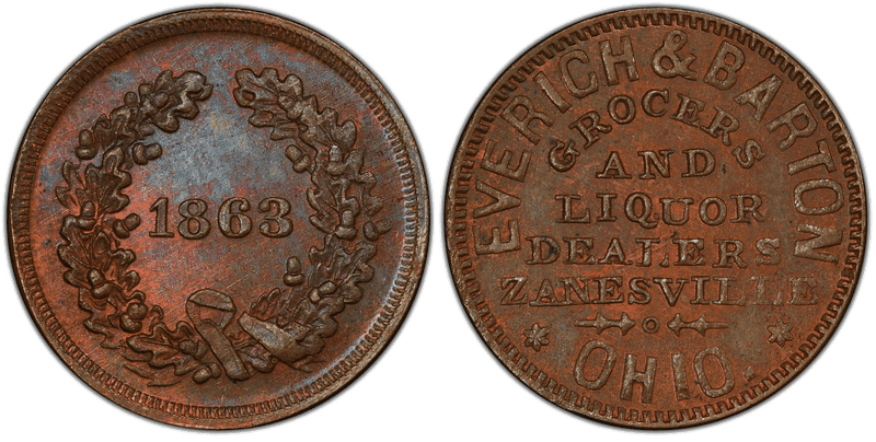 (1863) Copper Civil War Store Card F-995D-1a, Everich & Barton OH