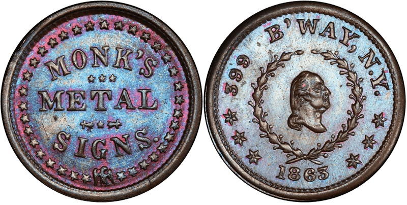 (1863) Copper Civil War Store Card F-630BB-7a, GW-624 Monks Metal Signs NY