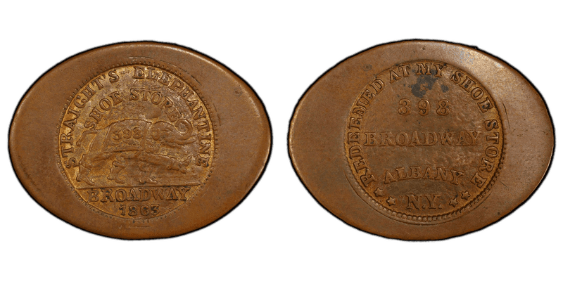 (1863) Copper Civil War Store Card F-10F-4a, F10Copper Trial Strike Elephantine Shoe Store NY