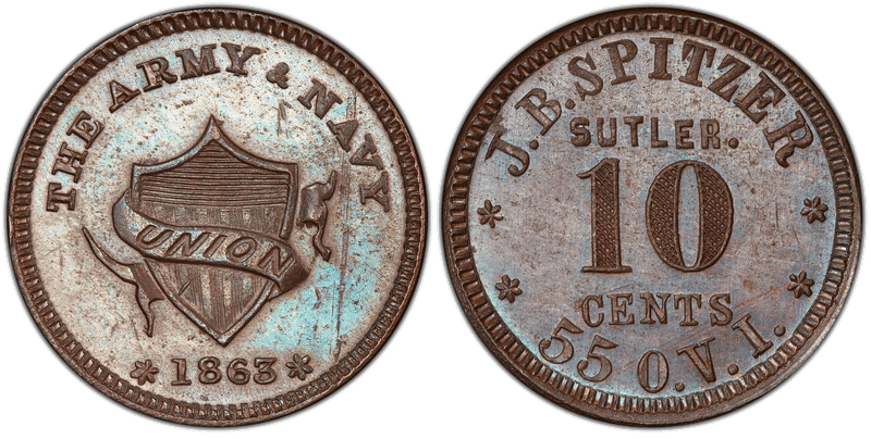 (1863) Copper Civil War Sutler Token S-55a-10C, J.B. Spitzer