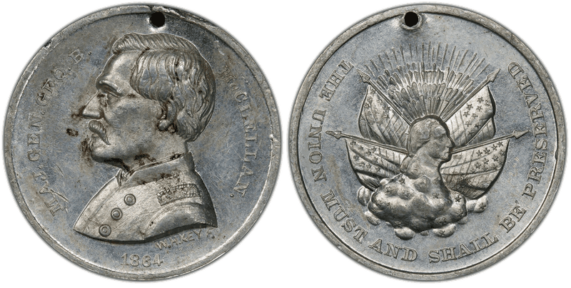 1864 White Metal Medal GW-724, Holed Washington & Flags-McClellan