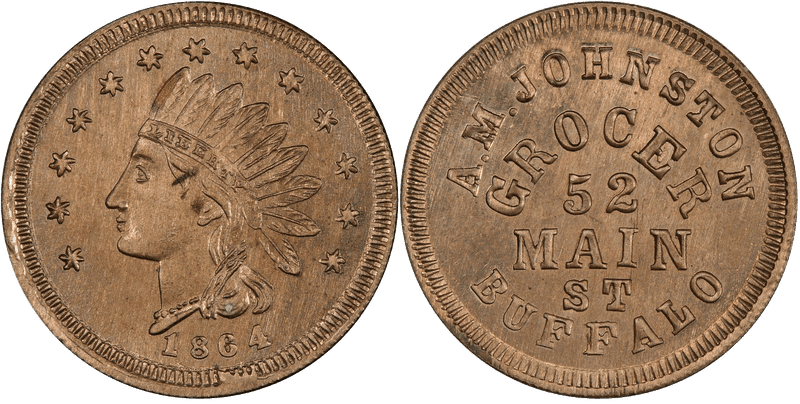 (1864) Copper-Nickel Civil War Store Card F-105K-3d, A.M. Johnston NY
