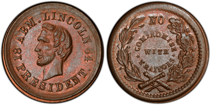 (1864) Copper Civil War Patriotic Token F-125/432a, No Compromise With Traitors