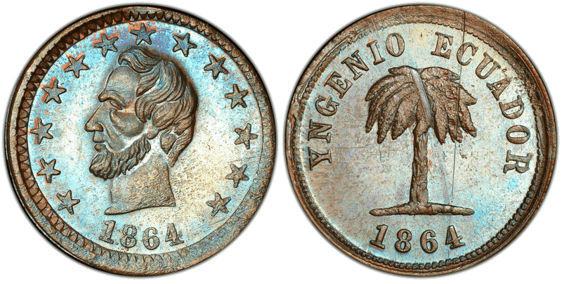 (1864) Copper Civil War Patriotic Token F-127/253a, Lincoln-Yngenio Ecuador
