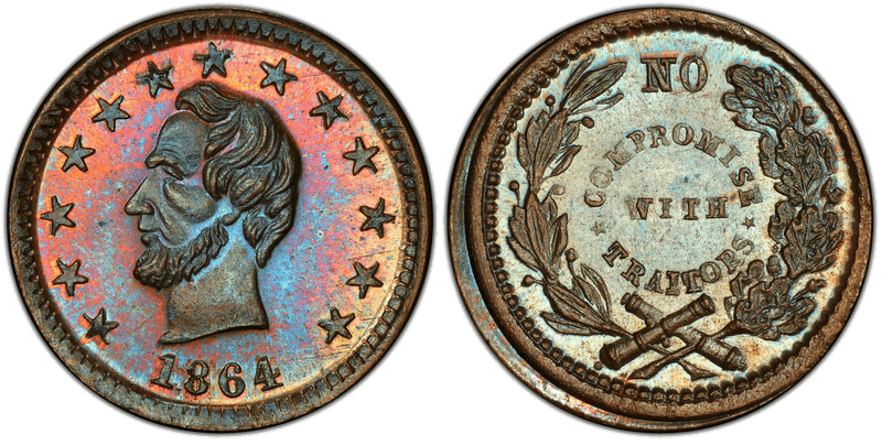 (1864) Copper Civil War Patriotic Token F-127/432a, No Compromise With Traitors