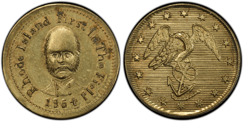 (1864) Brass Civil War Patriotic Token F-146/283b, Rhode Island First In The Field