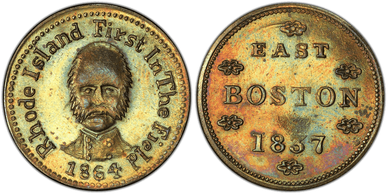 (1864) Brass Civil War Patriotic Token F-146/472b, Rhode Island First In The Field