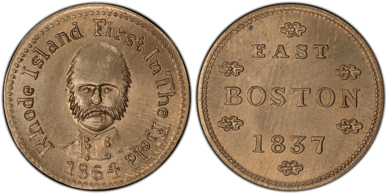 (1864) Copper-Nickel Civil War Patriotic Token F-146/472d, Rhode Island First In The Field