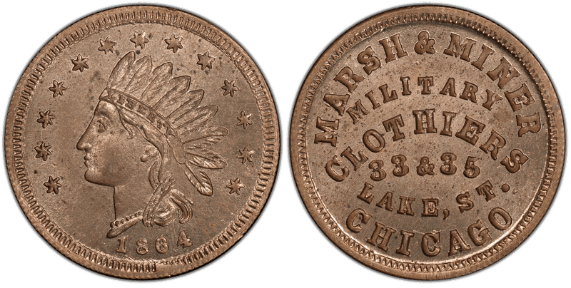 (1864) Copper-Nickel Civil War Store Card F-150AK-4d, Marsh & Miner IL