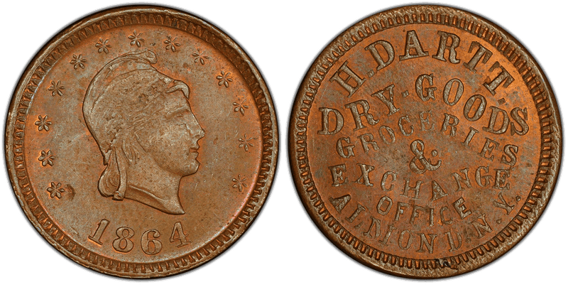 (1864) Copper Civil War Store Card F-15A-1a, H. Dartt NY
