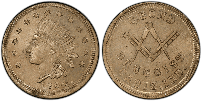 (1864) Copper-Nickel Civil War Store Card F-160A-3d, C. Bond IN