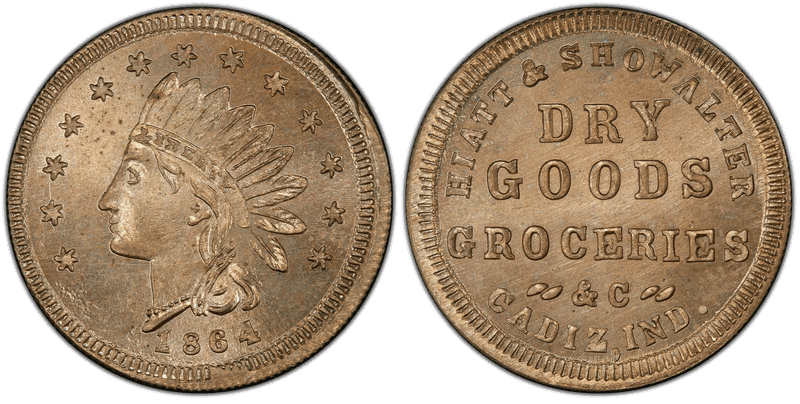 (1864) Copper-Nickel Civil War Store Card F-160B-3d, Hiatt & Showalter IN