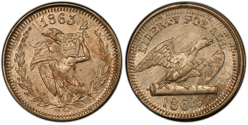 (1864) Copper-Nickel Civil War Patriotic Token F-160/218do, Strk Over 1863 1C Patriotic Cent