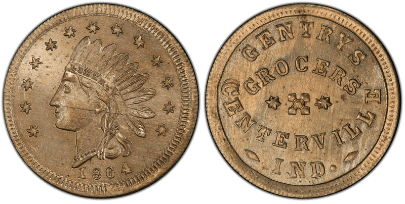 (1864) Copper-Nickel Civil War Store Card F-165A-2d, Gentrys IN