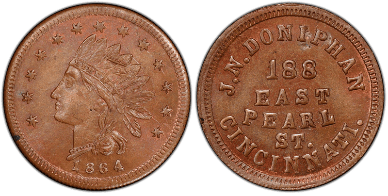 (1864) Copper Civil War Store Card F-165AI-4a, J.N. Doniphan OH