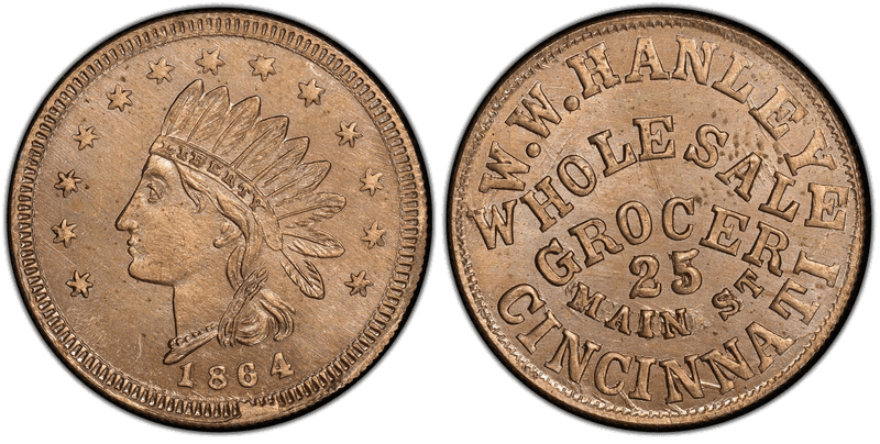 (1864) Copper-Nickel Civil War Store Card F-165BL-5d, W.W. Hanley OH
