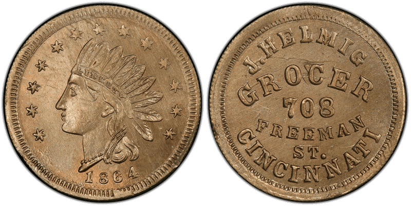 (1864) Copper-Nickel Civil War Store Card F-165BS-4d, J. Helmig OH
