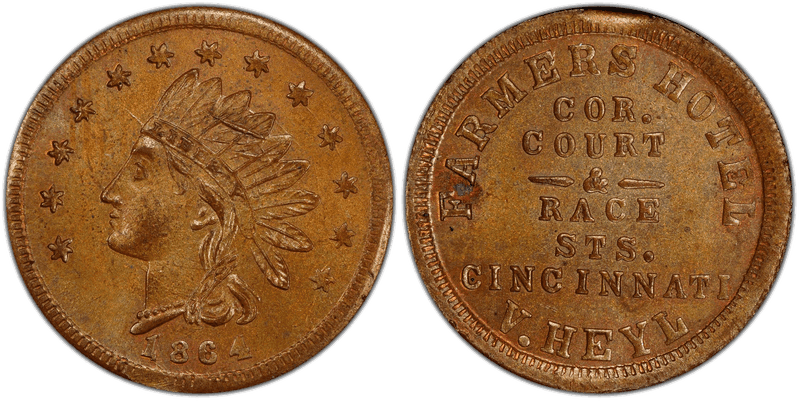 (1864) Copper Civil War Store Card F-165BV-14a, Farmers Hotel OH