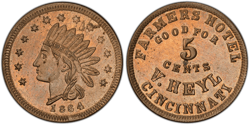 (1864) Copper-Nickel Civil War Store Card F-165BV-18d, V. Heyl OH