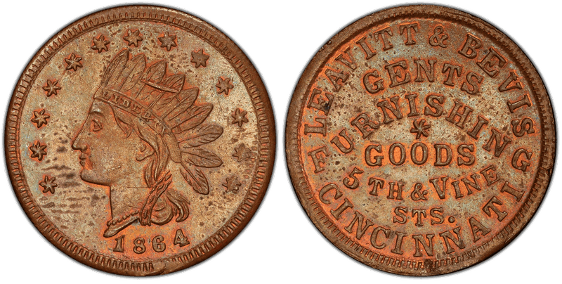 (1864) Copper Civil War Store Card F-165DD-4a, Leavitt & Bevis OH