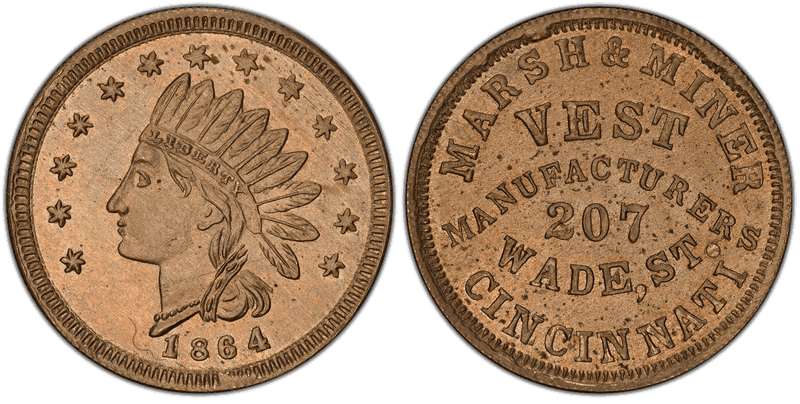 (1864) Copper-Nickel Civil War Store Card F-165DJ-13d, Marsh & Miner OH