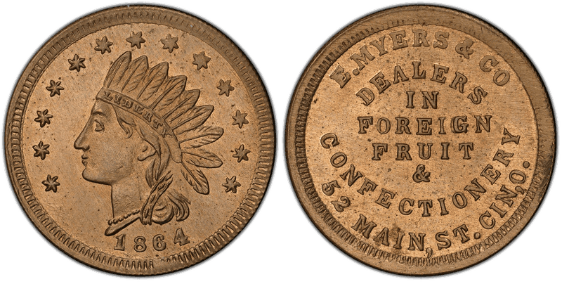 (1864) Copper-Nickel Civil War Store Card F-165EA-7d, E. Myers & Co. OH