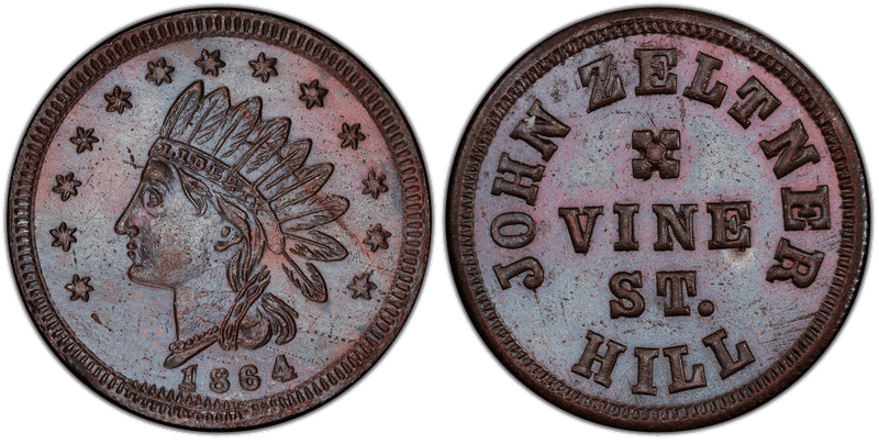 (1864) Copper Civil War Store Card F-165GY-5a, John Zeltner OH