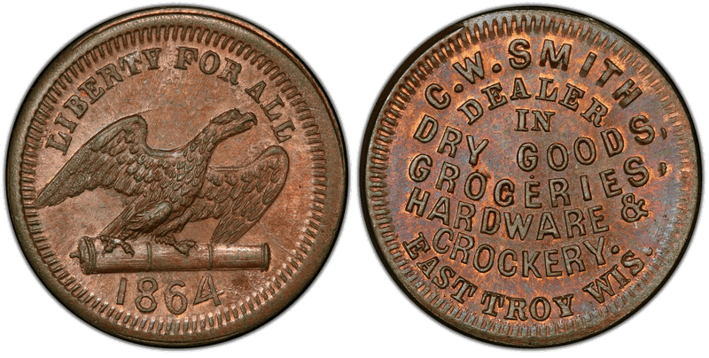 (1864) Copper Civil War Store Card F-185A-1a, C.W. Smith WI