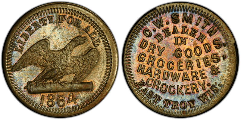 (1864) Brass Civil War Store Card F-185A-1b, C.W. Smith WI