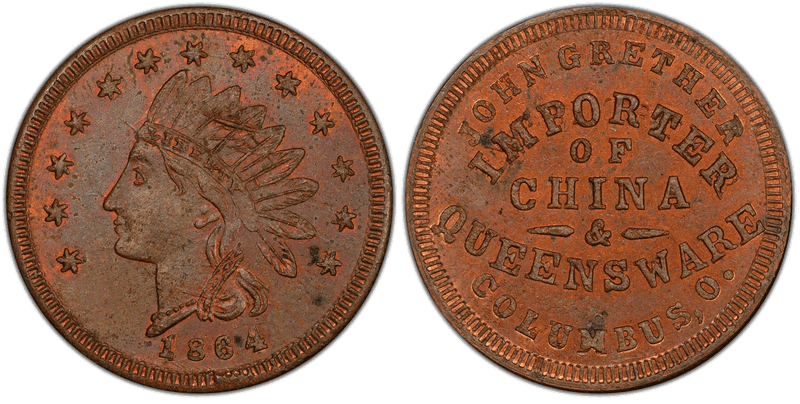 (1864) Copper Civil War Store Card F-200A-5a, John Grether OH