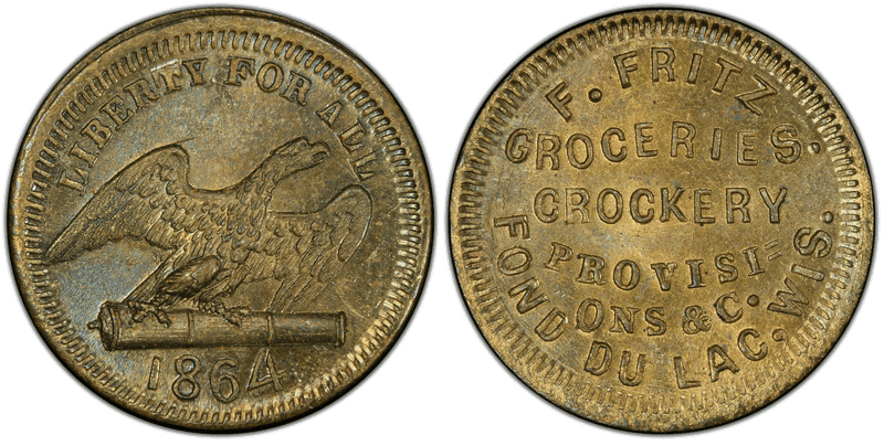 (1864) Brass Civil War Store Card F-220E-1b, F. Fritz WI