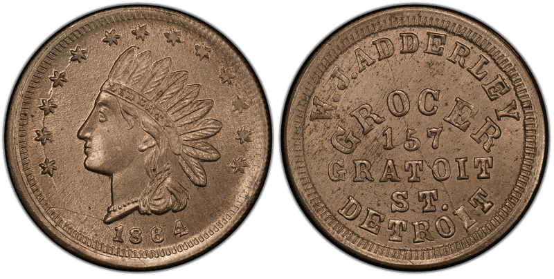 (1864) Copper-Nickel Civil War Store Card F-225A-1d, W.J. Adderley MI