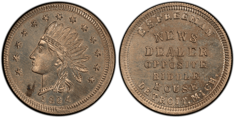 (1864) Copper-Nickel Civil War Store Card F-225AC-6d, L.S. Freeman MI